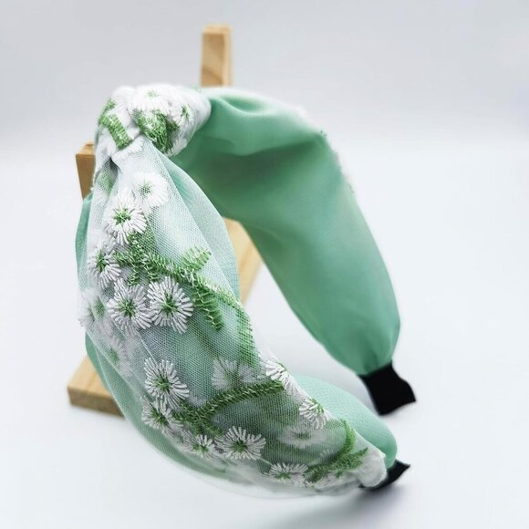Boho Knotted Green Headband with Flower Embroidery Mesh for Women Girls